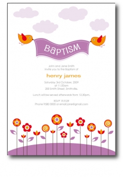Baptism invitations for boys and girls to print with cute birds and flowers.